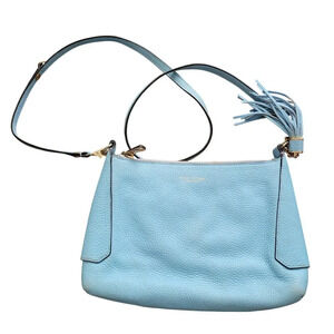 Henri Bendel Womens Pebbled Leather Crossbody Purse Blue Zipper Gold Tone RARE